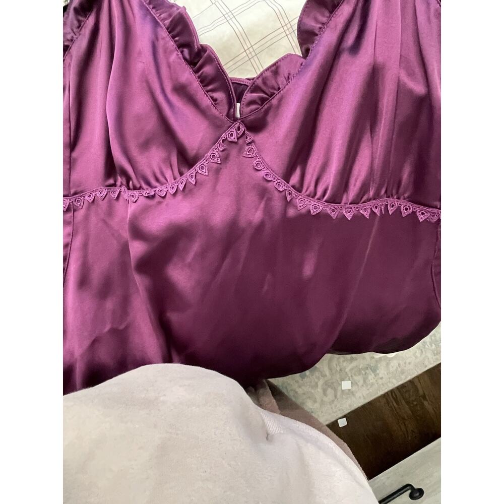Whimsigoth Satin Slip Maxi Dress Deep Purple Ruffled Side Slit Witchy Evening M - Picture 9 of 15